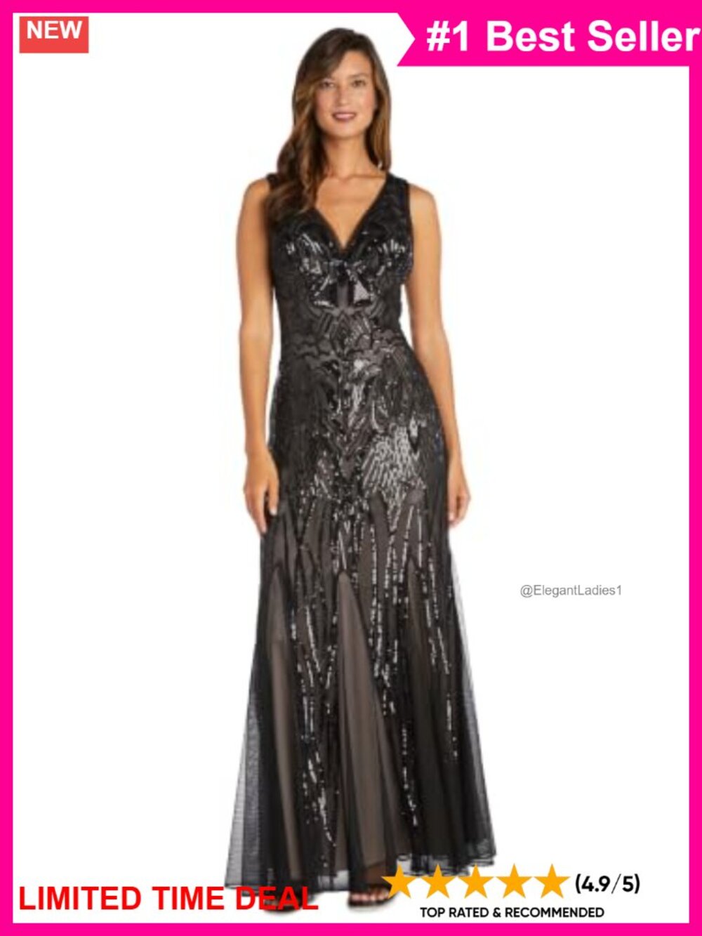 R&M Richards Sequin Beaded V-Neck Evening Gown Godet Skirt